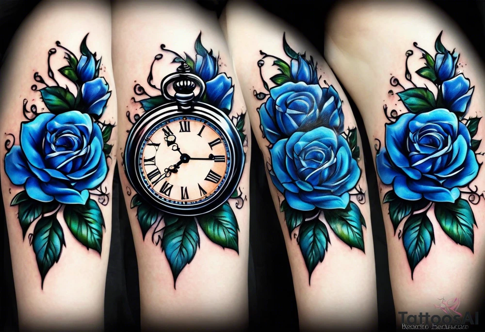 Pocket clock with blue roses tattoo idea