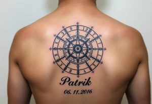 A realistic sundial with the child’s name "Patrik" and birth date 06. 11. 2016 engraved on the base, in warm earthy browns and bronze tones tattoo idea