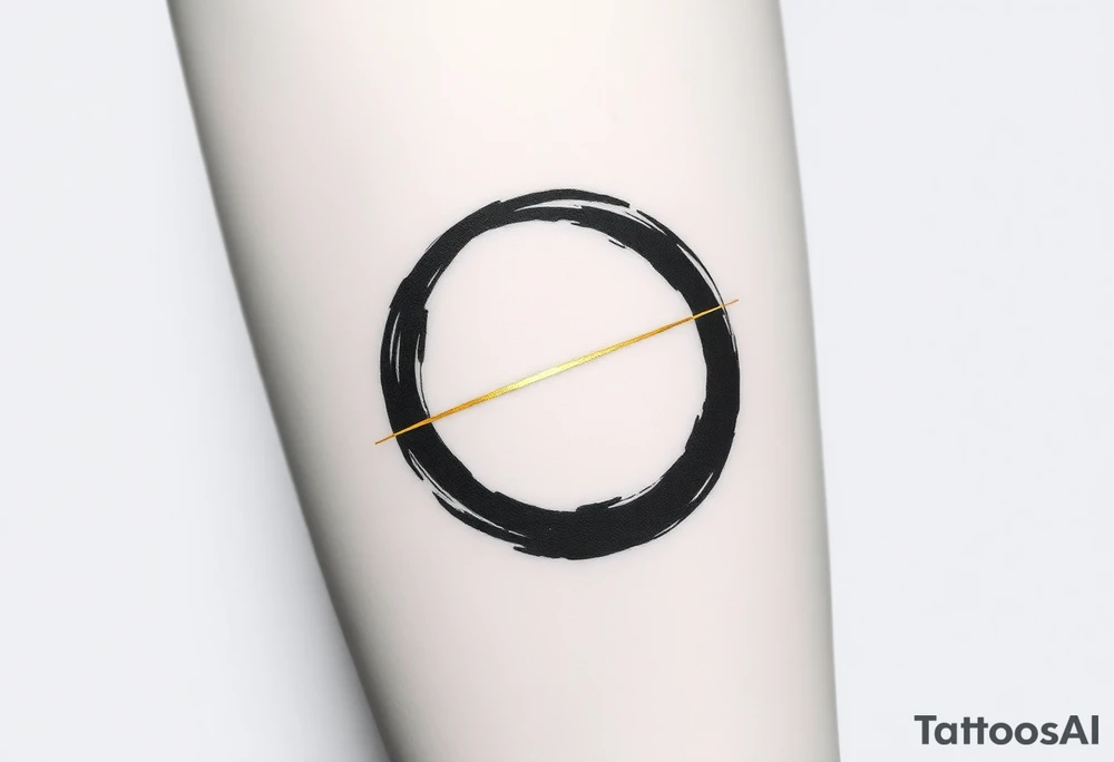 A minimalist Japanese‑inspired tattoo design of a hand‑painted Zen ensō circle, drawn with a single rough black ink brushstroke. The circle is slightly imperfect, with visible dry‑brush texture and an intentional small gap on the right side to symbolize openness and incompleteness. Running diagonally across the circle is a single elegant kintsugi crack, as if the circle were made of ceramic that has broken and been repaired with gold. The gold line is thin where it begins at the lower left of the circle and gradually becomes thicker and brighter as it moves toward the upper right, suggesting a personal journey from loss and struggle toward growth, responsibility, and meaning. Keep the overall composition very clean and uncluttered, with no extra symbols, no text, and no background, focusing only on the expressive brushstroke circle and the single golden crack. Design it as a black and gray linework tattoo with a subtle metallic gold effect on the kintsugi line, suitable for a medium‑sized placement on the inner forearm. tattoo idea