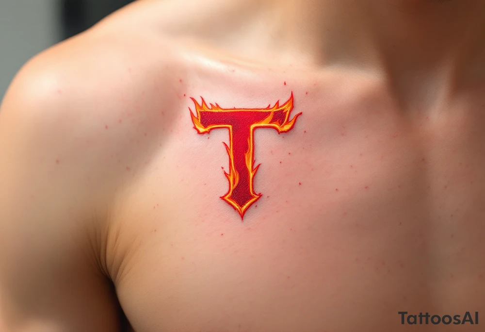A fiery red "T" with orange flame-like accents licking up its sides. tattoo idea
