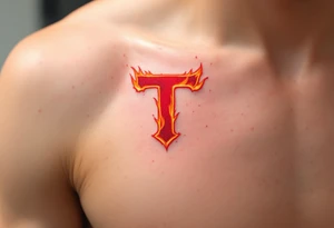 A fiery red "T" with orange flame-like accents licking up its sides. tattoo idea