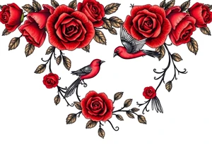 Vintage lace, red roses, red birds, vintage, wrap around, tighter together, no space open tattoo idea