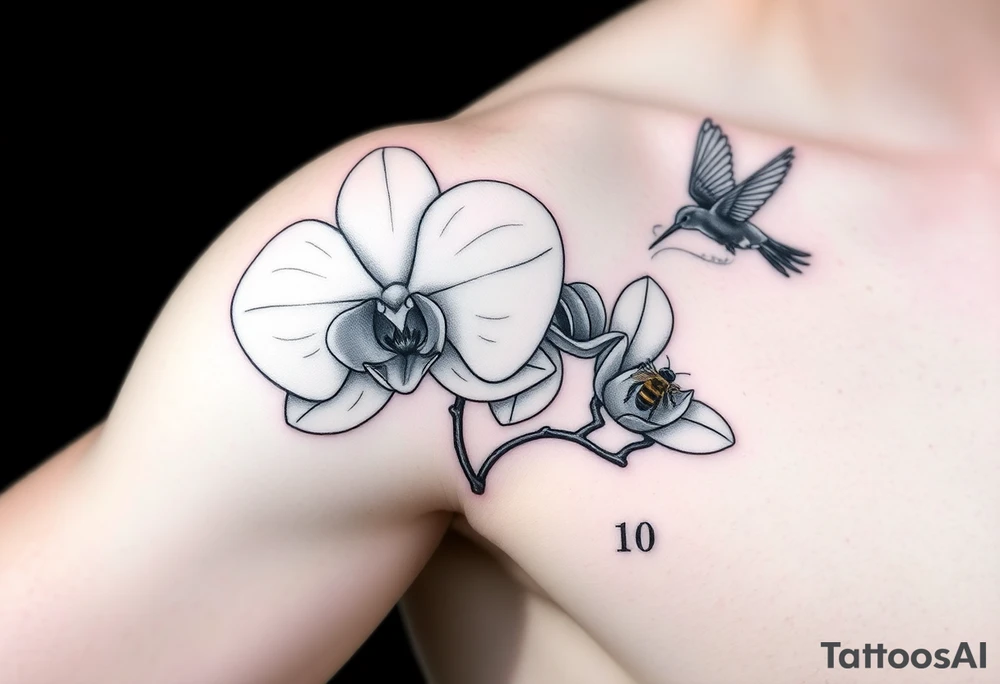A delicate, black and white fine-line tattoo for male, featuring gracefully detailed 2 orchids in full bloom including their stems, with soft, intricate petals and elegant curves. Beside it, a hummingbird hovers mid-flight, its wings drawn with subtle motion lines, its slender beak reaching toward the orchid’s center to drink its nectar. on the other flower there is a bee that is resting tattoo idea