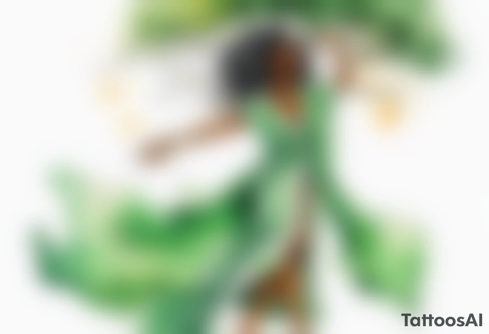 a beautiful black woman with tree roots for feet, standing with arms reaching out to the sun, wearing a sheer green robe tattoo idea