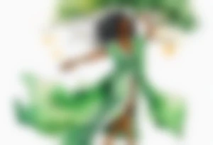 a beautiful black woman with tree roots for feet, standing with arms reaching out to the sun, wearing a sheer green robe tattoo idea
