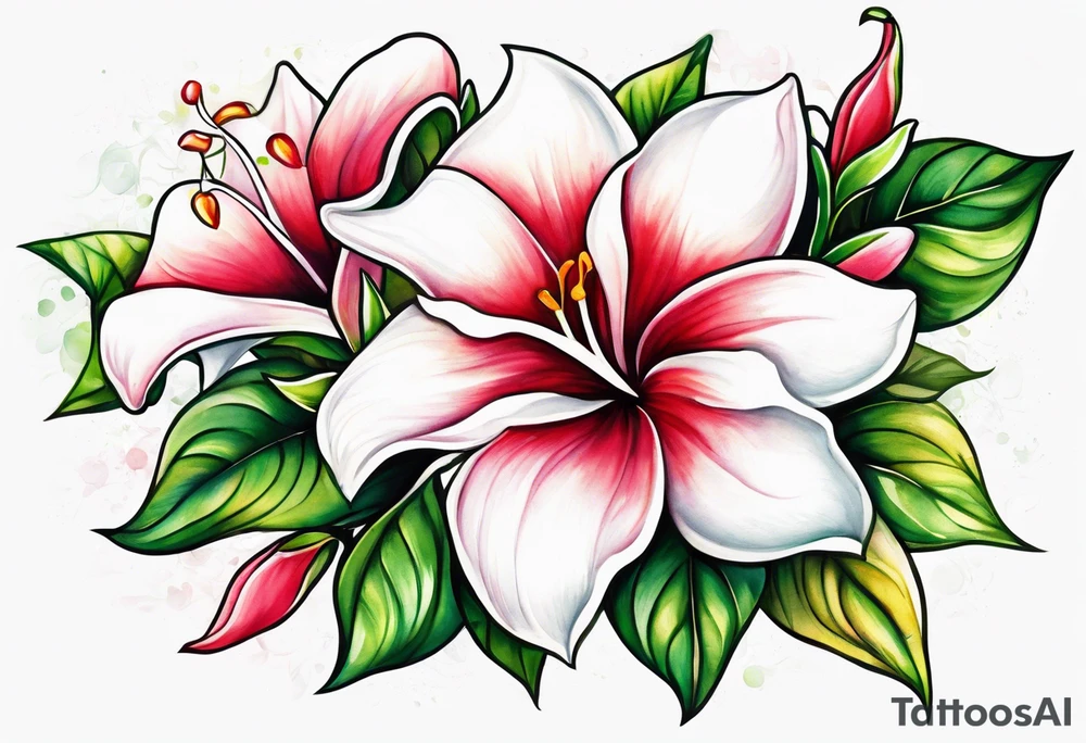 white background, abstract mandevilla flowers on a vine, not as much stamen tattoo idea