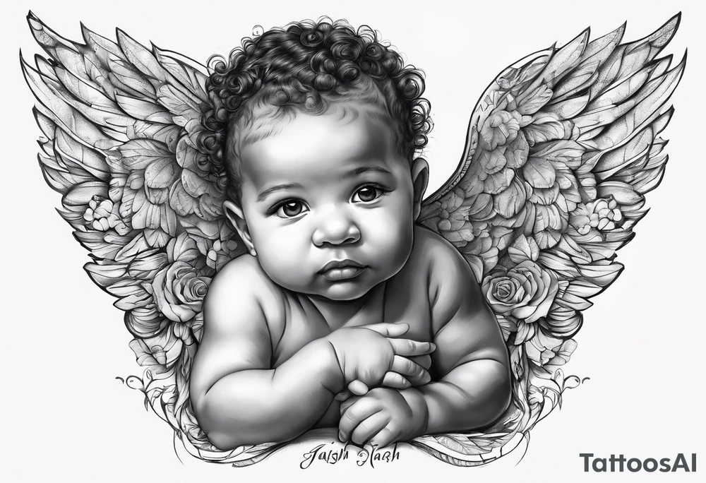 Mixed raced baby angel with Isaiah written underneath tattoo idea