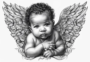 Mixed raced baby angel with Isaiah written underneath tattoo idea