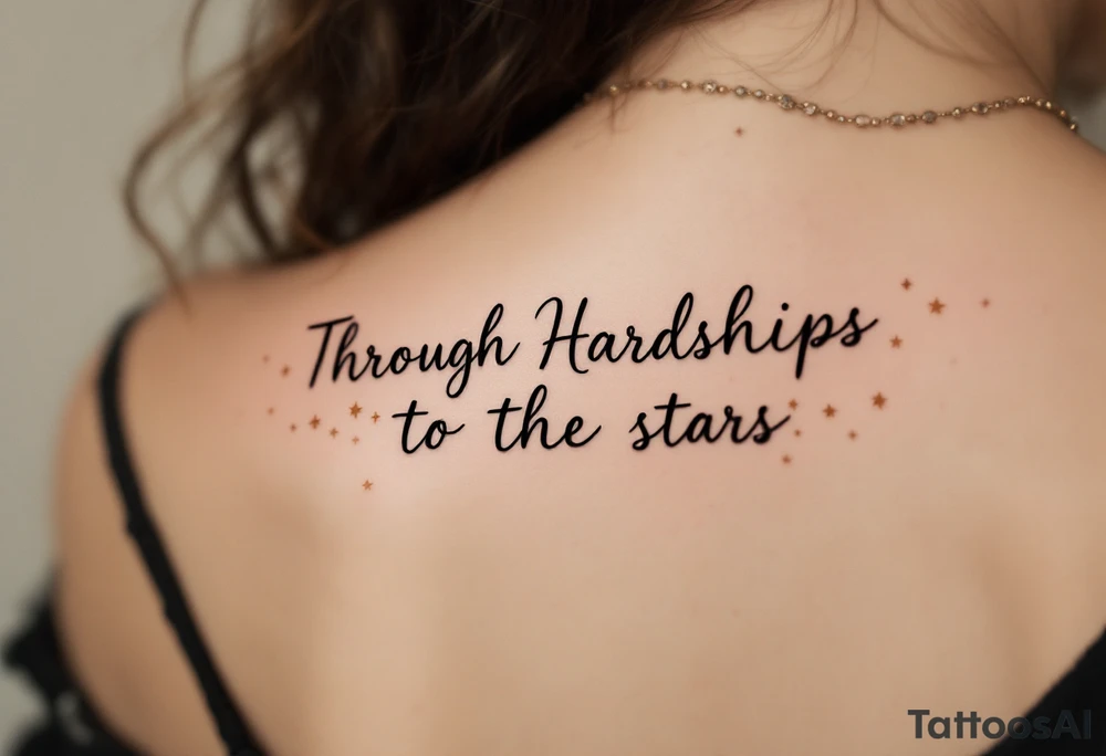 A minimal black line script of the english phrase “Through Hardships to the stars” is paired with tiny gold stars scattered along the collarbone. tattoo idea