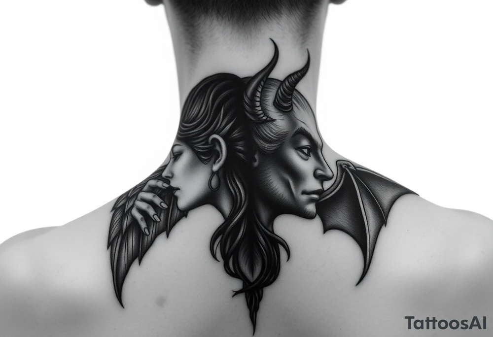 position behind the neck Angel (on the right) whispering in the right ear, demon (on the left) whispering in the left ear. It must be as realistic as possible. tattoo idea