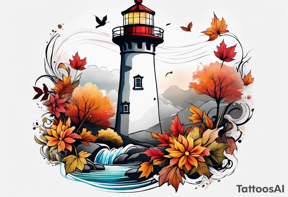 Arm sleeve with fall colors, various flowers, water flow, water splash, light house tattoo idea