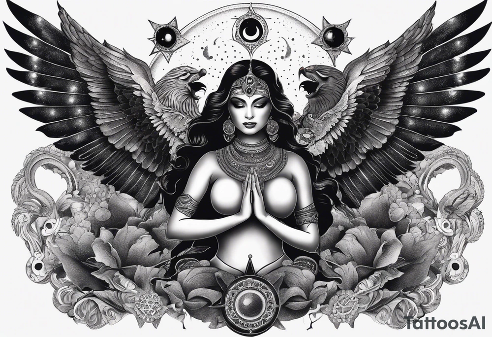 black kali, goddess pirate, alien, angel, pachamama, valkrye, warrior, flying, skull, lotus azul, wing, eagle, zenza resonance, stars, 5D, anahata chakra, death, durga, riding on a tiger, flying lady, kundalini, chest tatoo, samuri, rebel, serpent tattoo idea