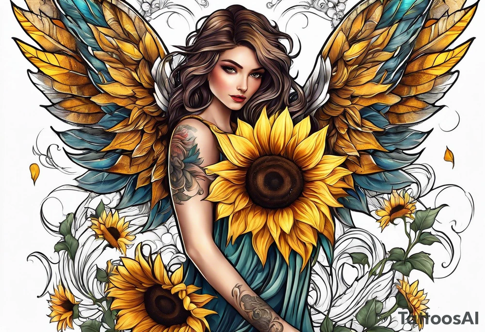 Sunflowers and angel wings leg sleeve tattoo idea