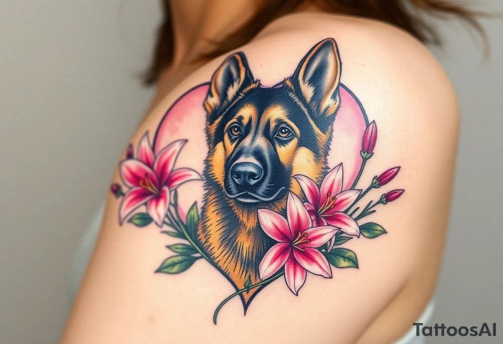 elegant looking german shepherd dog with pink lily flowers in front of sacred heart tattoo idea