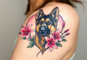 elegant looking german shepherd dog with pink lily flowers in front of sacred heart tattoo idea