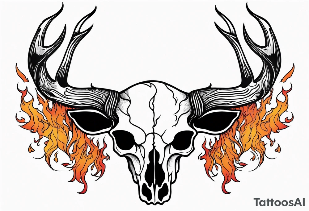 Halloween side view of a DECAYING deer skull JUST BONE surrounded by a flames and trees in background tattoo idea