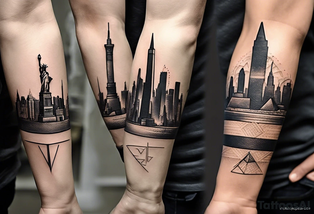 Create a visually dynamic tattoo that seamlessly blends the timeless elegance of the three Pyramids of Giza with the modern allure of the Manhattan skyline. Envision the pyramids standing majestically, perhaps incorporating subtle Egyptian motifs like hieroglyphs or an ankh, transitioning smoothly into the iconic structures of New York, such as the Empire State Building and One World Trade Center. tattoo idea