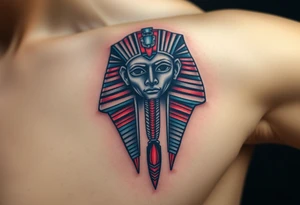 A Pharaoh’s Mask with a Modern Twist (Cyberpunk, Biomechanical, etc.)(only red , blue and black are possible colors) tattoo idea