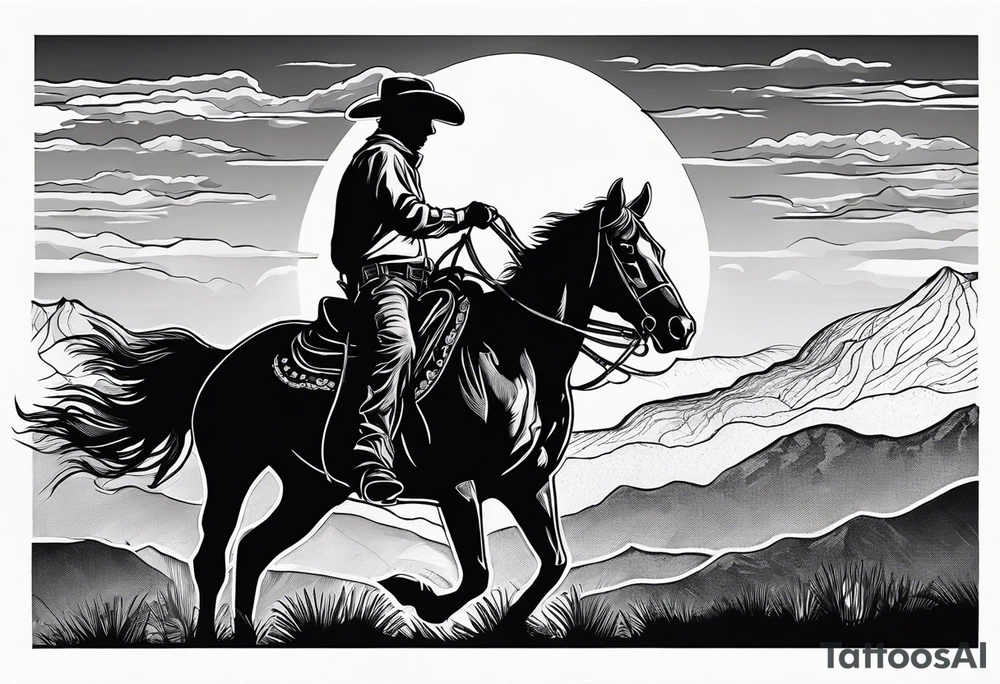 Cowboy on a horse riding in the sunset silhouette tattoo idea