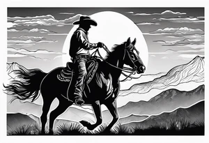 Cowboy on a horse riding in the sunset silhouette tattoo idea