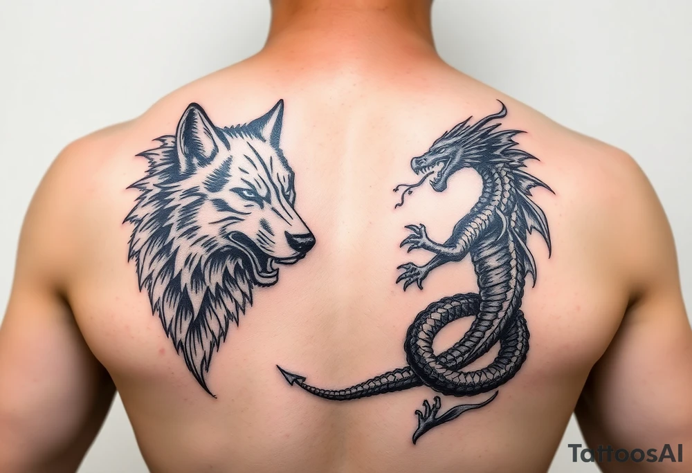 A majestic Wolf amd dragon tattoo idea