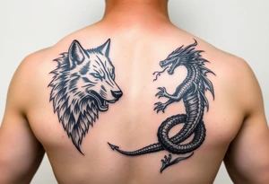 A majestic Wolf amd dragon tattoo idea