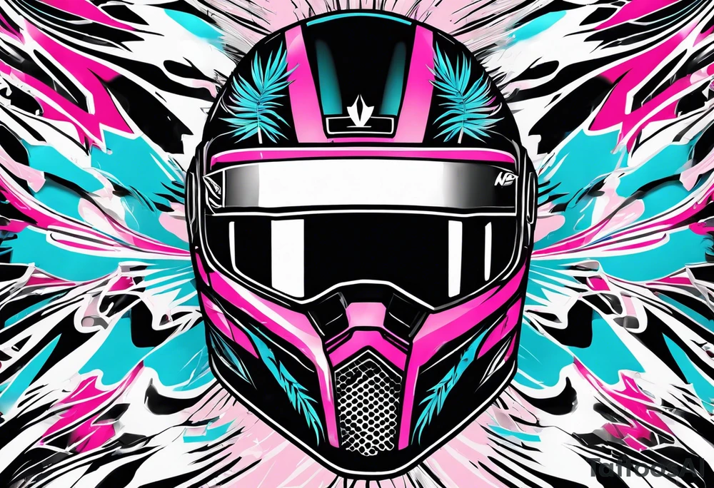 Formula 1 helment with a palm tree and black pink and light blue color tattoo idea