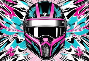 Formula 1 helment with a palm tree and black pink and light blue color tattoo idea