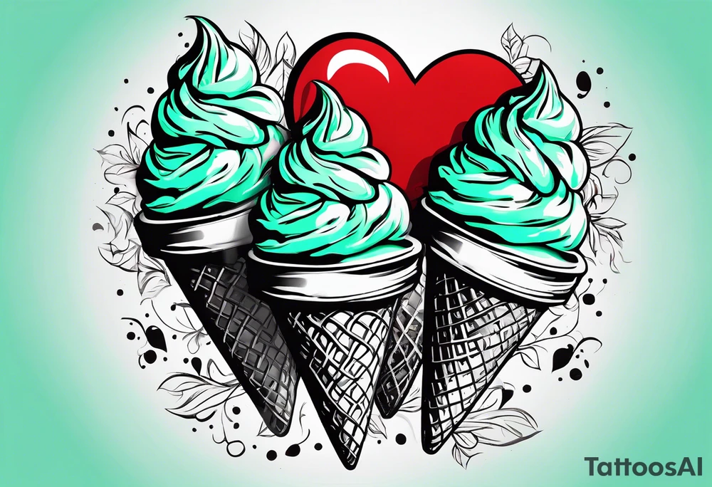 mint chocolate chip ice cream cone with small red heart on it somewhere. tattoo idea