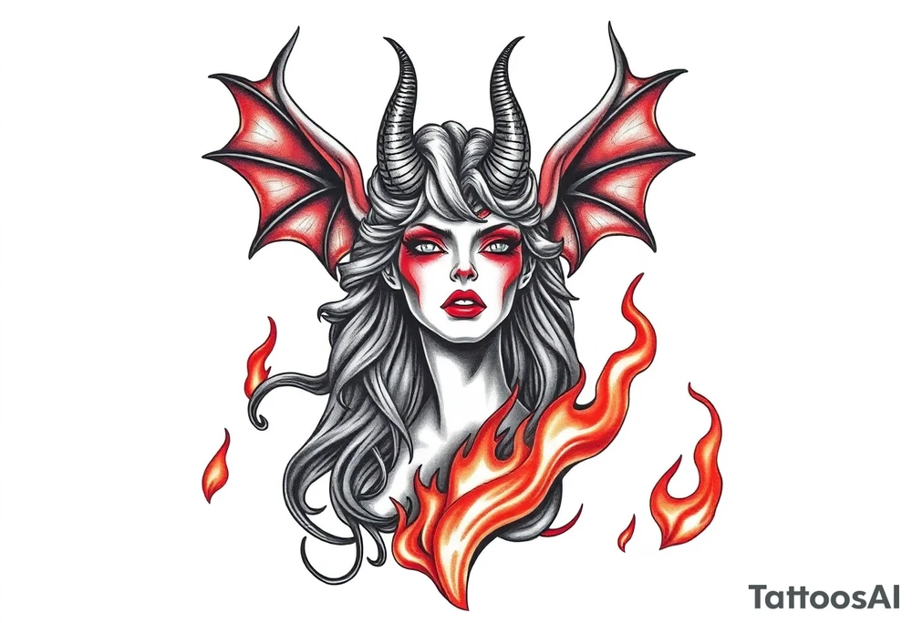 Female demon in the flame tattoo idea