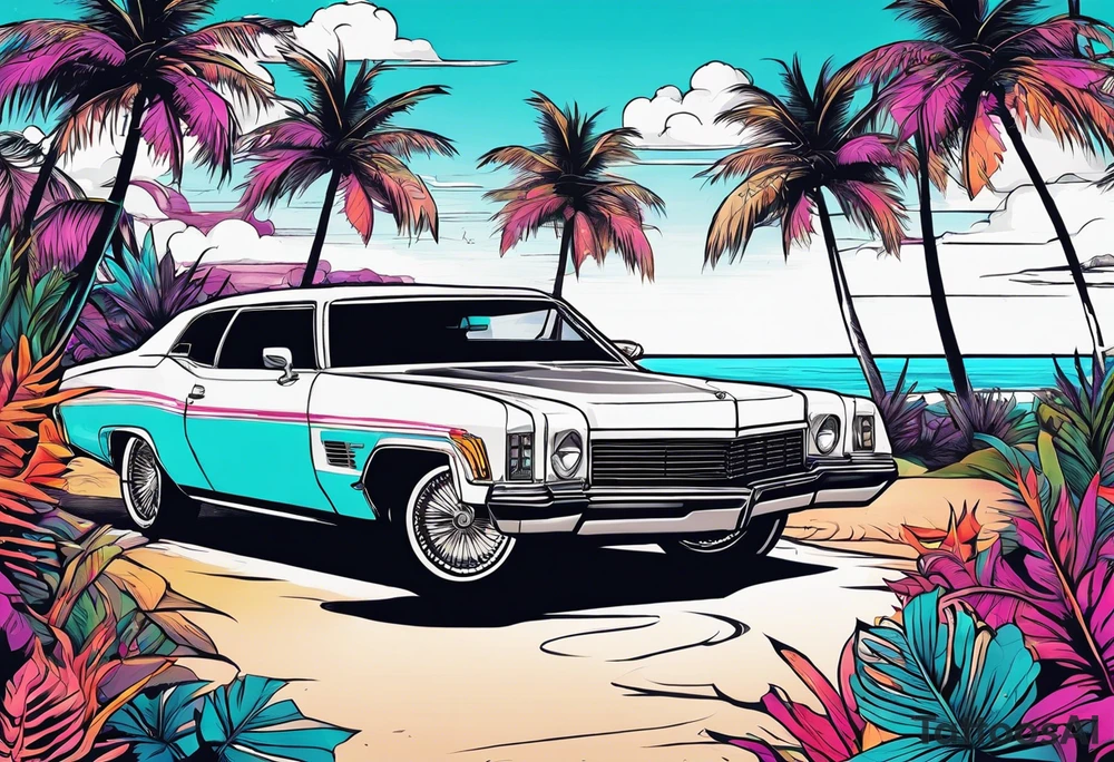 miami vice style beach party, no cars tattoo idea