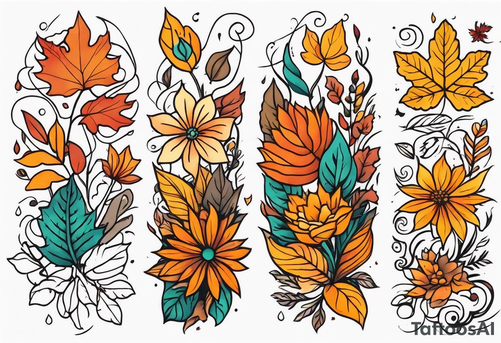 Full arm sleeve with fall colors, flowers, water, leaves and various shapes tattoo idea