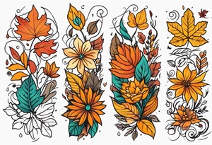 Full arm sleeve with fall colors, flowers, water, leaves and various shapes tattoo idea