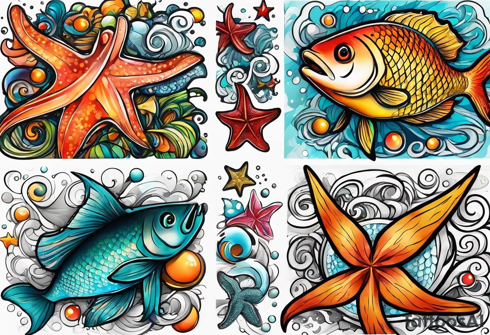 set of 3 star fish of with 3 different bright colors and 3 different shapes mixed with brightly covered salmon tattoo idea
