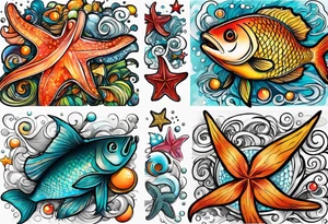 set of 3 star fish of with 3 different bright colors and 3 different shapes mixed with brightly covered salmon tattoo idea