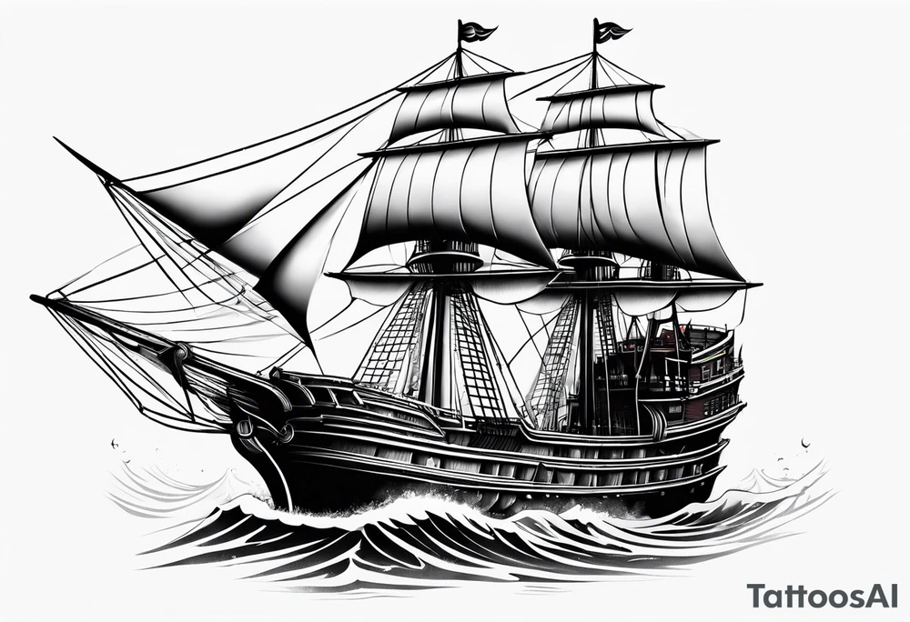 large and dark wooden ship facing left 2 dimensional tattoo idea