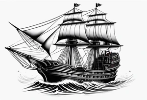large and dark wooden ship facing left 2 dimensional tattoo idea