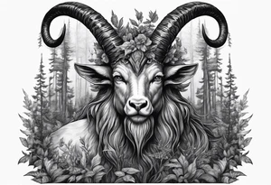 Devil with goat horns (full body) in a forest tattoo idea