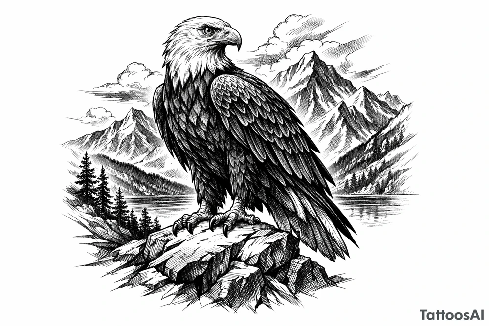 an eagle standing on a rock,landscape. tattoo idea