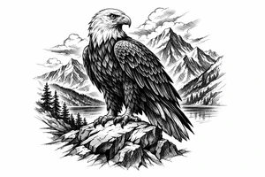 an eagle standing on a rock,landscape. tattoo idea