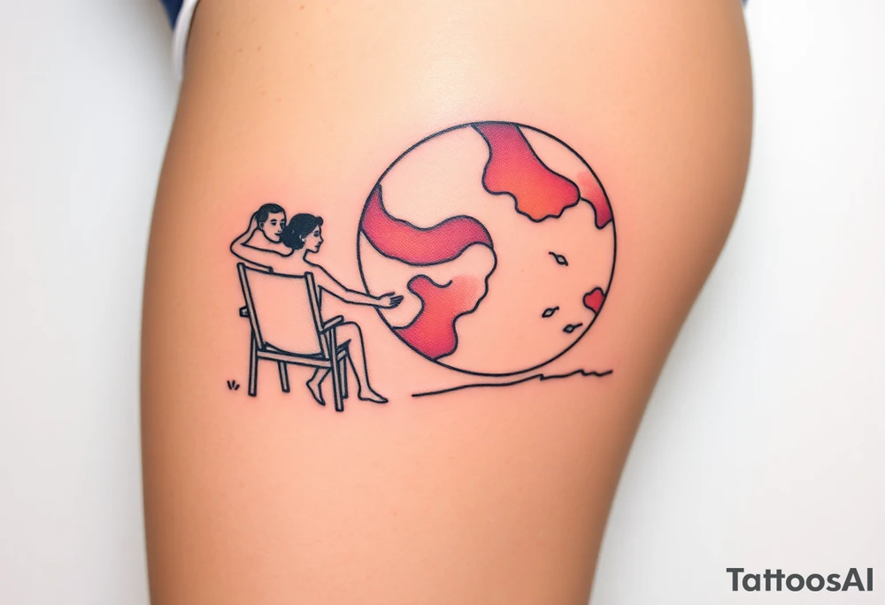 Two people holding hands, sitting in beach chairs, sitting on and giant planet tattoo idea