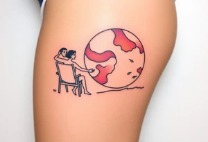 Two people holding hands, sitting in beach chairs, sitting on and giant planet tattoo idea