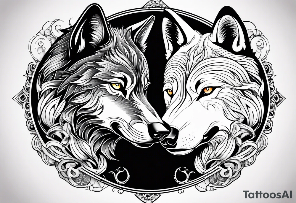 black wolf and white wolf in a ying yang style tattoo idea