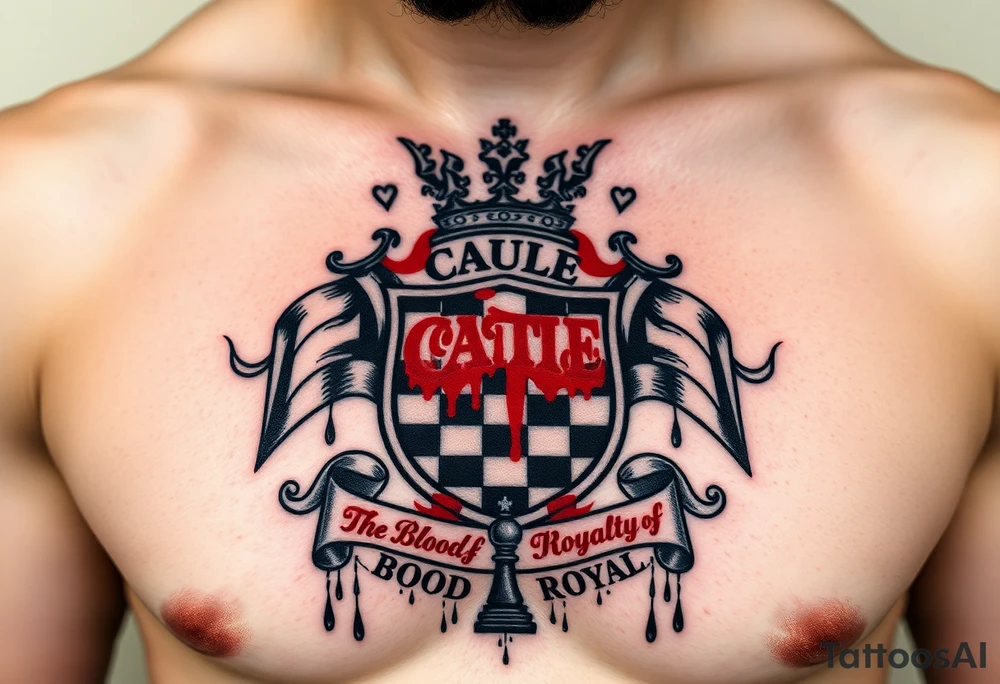 Men Crest  with A king crown on top, CAUDLE written inside red, a chessboard, blood splatter on top of two red racing flags & OTF inside, Smoke surrounding the outside of the crest, & The Words The Blood Of Royalty in red underneath the crest & a King chess piece surrounding the outside of the crest, And raining blood drops tattoo idea