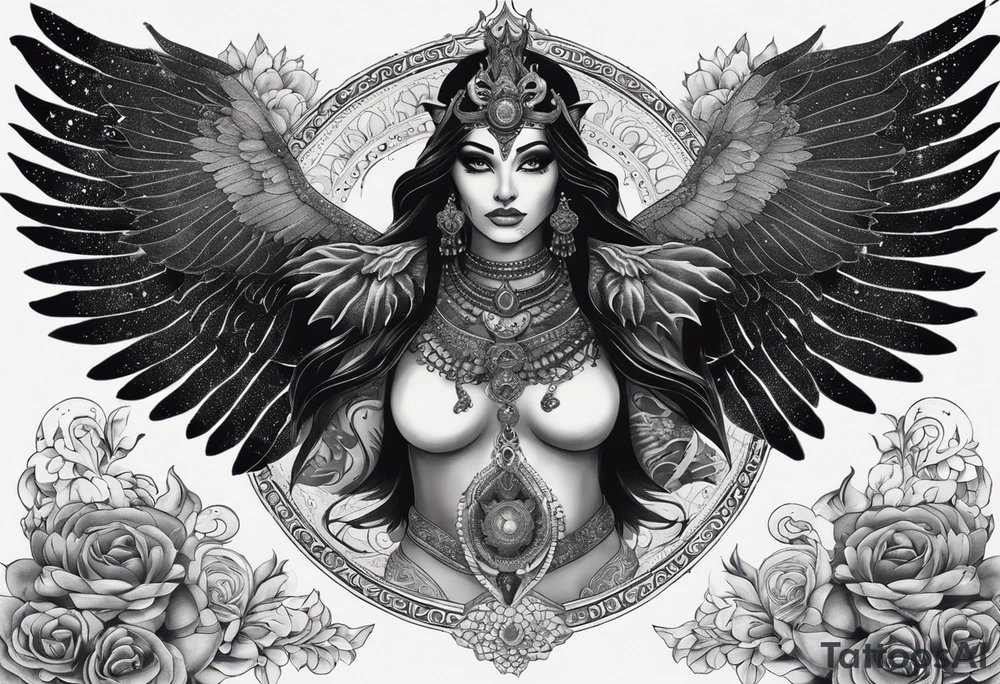 black kali, goddess pirate, alien, angel, pachamama, valkrye, warrior, flying, skull, lotus azul, wing, eagle, zenza resonance, stars, 5D, anahata chakra, death, durga, riding on a tiger, flying lady, kundalini, chest tatoo, samuri, rebel, serpent tattoo idea