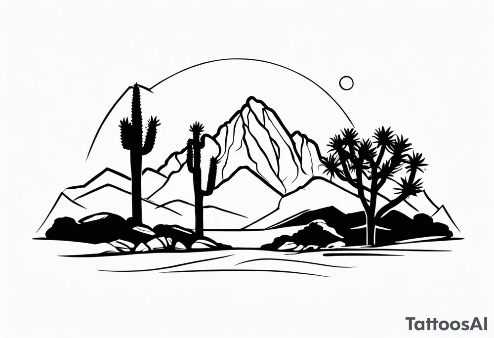 A dessert with joshua trees transitioning to pine trees and mountains tattoo idea