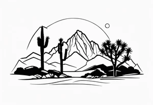 A dessert with joshua trees transitioning to pine trees and mountains tattoo idea