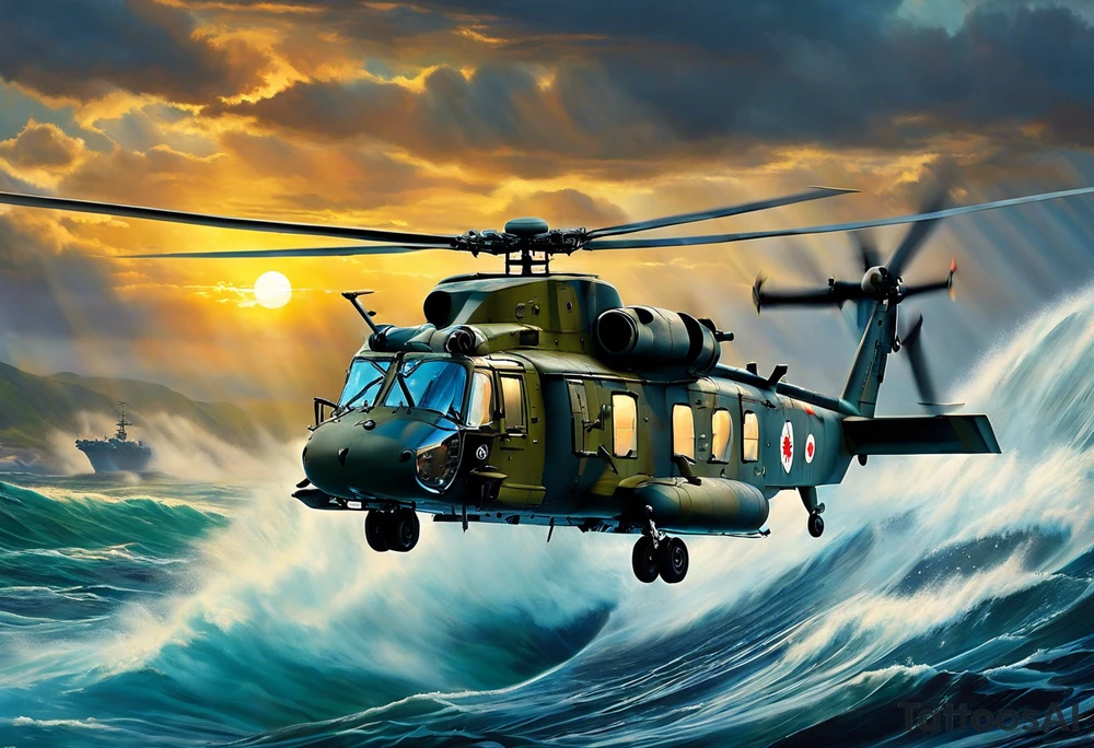 A cinematic-style tattoo depicting a Canadian military CH-148 Cyclone helicopter performing a daring maneuver over a turbulent ocean. The sky should be filled with dramatic clouds, and the sun should be setting, casting long shadows. The helicopter should be the main focus, with intricate details and a sense of motion. In the background, a poppy should be prominently displayed, and a quote from 'Lest We Forget' should be included tattoo idea