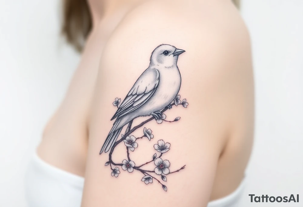 The white plum blossom sparrow standing on top with appropriate white space is artistic tattoo idea