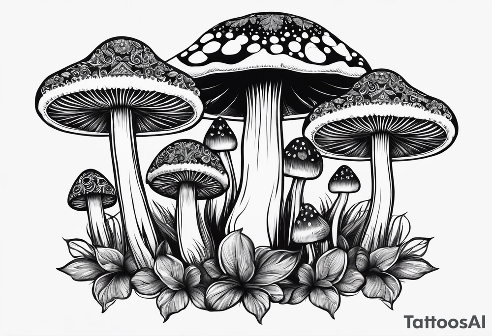 Large Shaggy cap mushroom dripping ink off cap with 4 smaller mushrooms around it mandala henna black tattoo design tattoo idea
